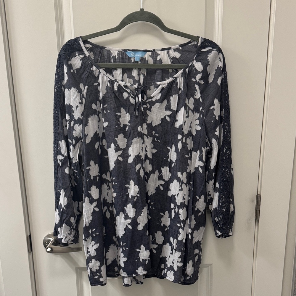 Penmans Floral Rayon Blend Lace Detail Women's Summer Garden Party Boho Blouse